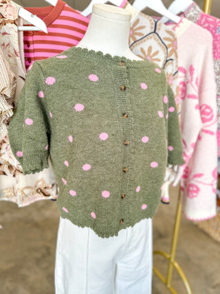 Olive & Pink Polka Dot Scalloped Trim Sweater