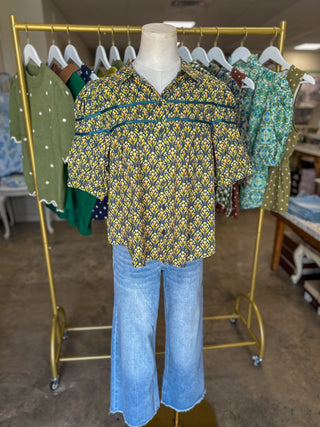 Teal Green Botanical Charm Pleated Detail Short Sleeve Blouse