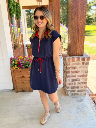 Navy & Red Detailed Zip Up Collared Drawstring Waist Dress