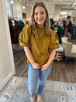 Camel Standing Collar Poplin Top