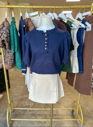 Navy Feminine Edge Puff Sleeve Sweater