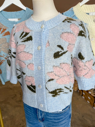 Powder Blue Pink Petal & Knit Short Sleeve Cardigan