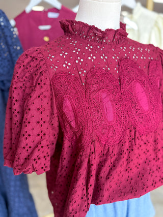 Burgundy Vintage Eyelet Top