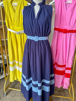 Navy Coastal Elegance Belted Midi Dress