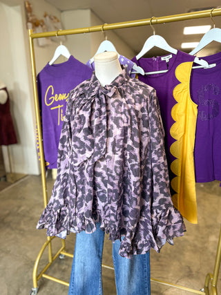 Painted in Purple Tie Neck Blouse