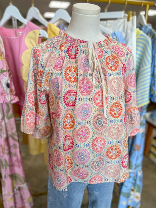 Pastel Palette Wide Sleeve Embroidered Top