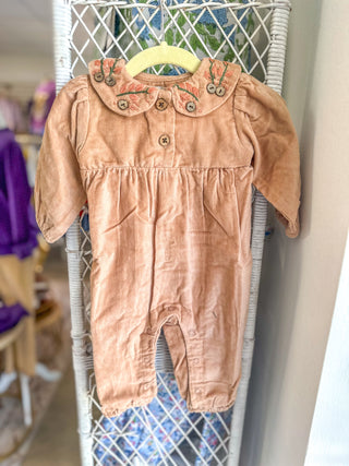 Beige Floral Embroidered Collar Romper