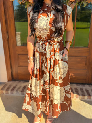 Brown Garden Society Collared Tie Waist Maxi Dress