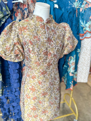 Vintage Rose Puff Sleeve Mini Dress