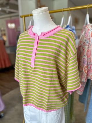 Strawberry Matcha Striped Short Sleeve Henley Knit Top