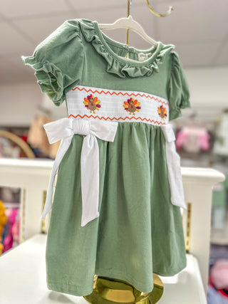 Fall Thanksgiving Chicken Smock Embroidered Green Girl Dress