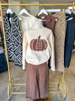 Ecru Plaid Pumpkin Patchwork Sweater