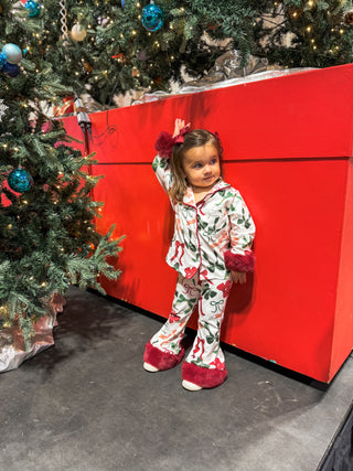 Holiday Bow Print Christmas Pajama Set - Girls Cozy Red Trim Sleepwear
