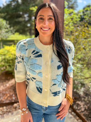 Ivory Blue Petal & Knit Short Sleeve Cardigan