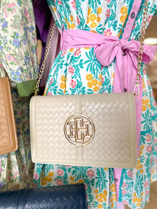 Woven Almond Cecillia Circle Logo Handbag | Caroline Hill