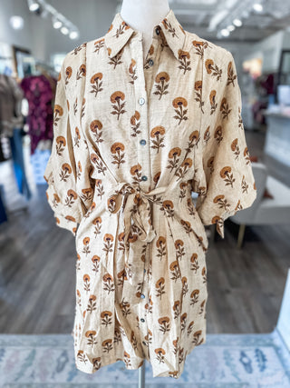Tan Floral Whispers Tie Waist Mini Dress