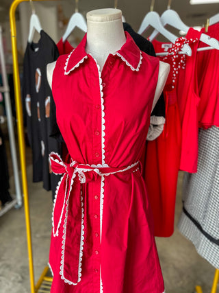 Red Petal Scallop Belted Mini Dress