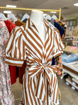 Cream & Camel Stripe Society Tie Waist Maxi Dress