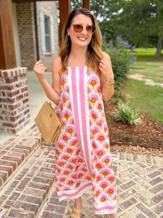 Pink Petal Crush & Stripes Midi Dress