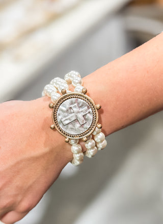 Three Row Pearl Hammered Silver & Gold Cross Coin Stretch Bracelet