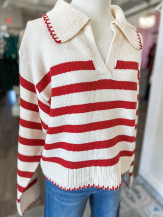 Red Varsity Striped Collared Long Sleeve Sweater