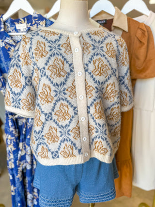 Ivory & Blue Subtle Floral Button-Up Short Sleeve Sweater