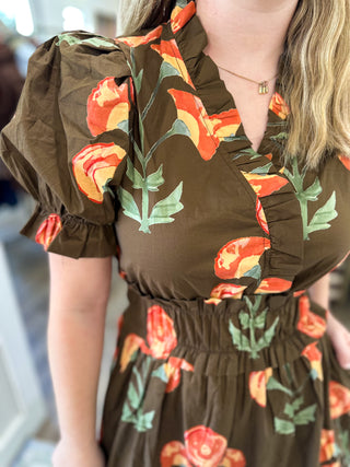 Brown Flora Midi Dress