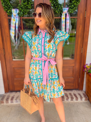 Pink Fresh Picked Floral Flutter Sleeve Mini Dress