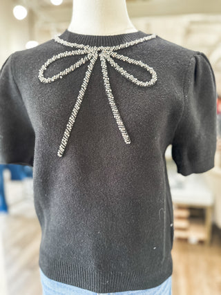 Black Glitz & Grace Beaded Crystal Bow Sweater