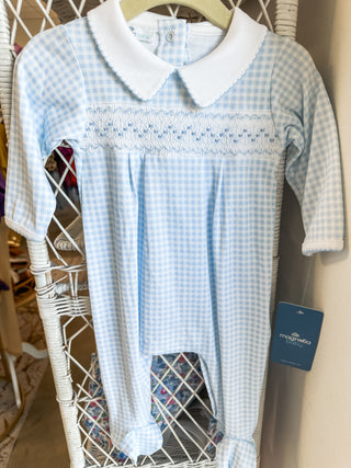 Emmett Blue Mini Checks Smocked Collard Footie- Magnolia Baby