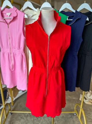 Red On the Move Scallop Zip Mini Dress