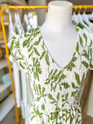 Leaf Print Smocked Mock Button Midi Dress