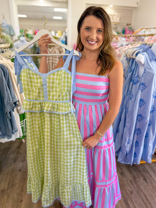 Pink & Blue Striped Cape Cod Midi Dress