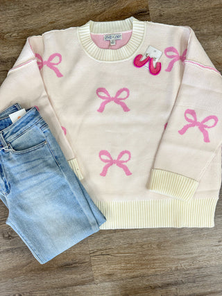 Girly Touch Pink Bows Long Sleeve Sweater Top