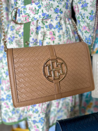 Woven Tan Cecillia Circle Logo Handbag | Caroline Hill
