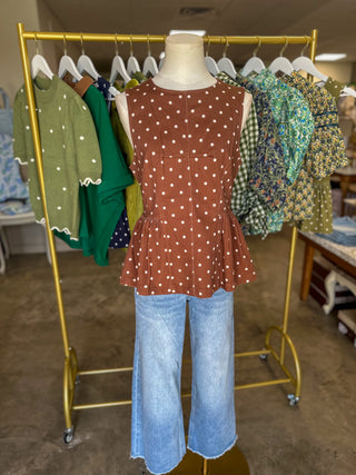 Brown Prescott Polka Dot Peplum Top