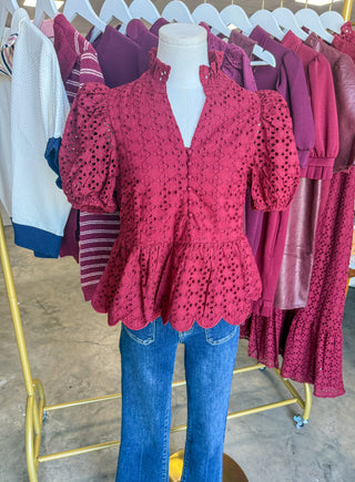 Burgundy Eloise Eyelet Peplum Top