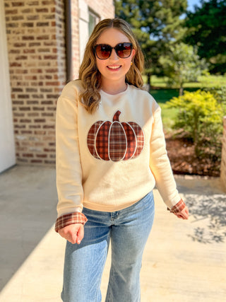 Ecru Plaid Pumpkin Patchwork Sweater