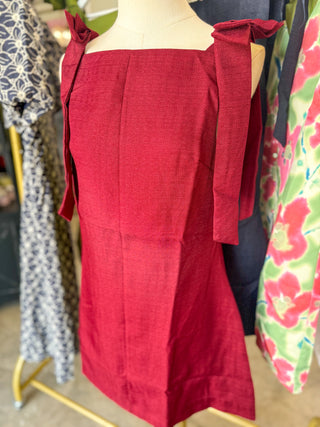 Burgundy Poised & Polished Straight Neckline Bow Ties Mini Dress