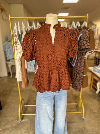 Brown Eloise Eyelet Peplum Top