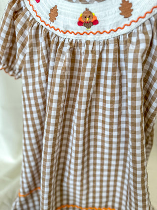 Thanksgiving Smocking Embroidered Brown Plaid Dress