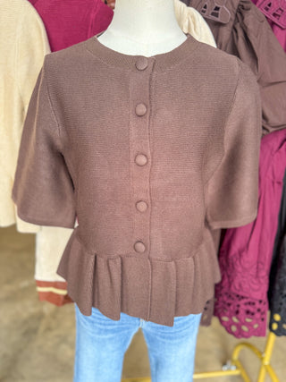 The Brown Hadley Peplum Short Sleeve Cardigan