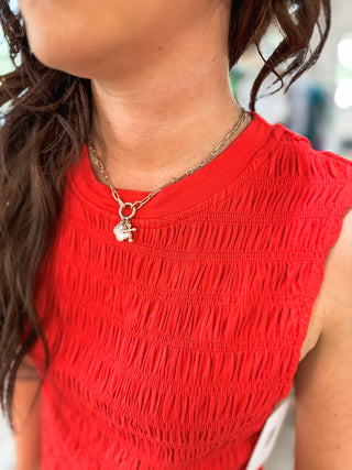 Red Smocking Detail Ruffle Hem Knit Tank Top