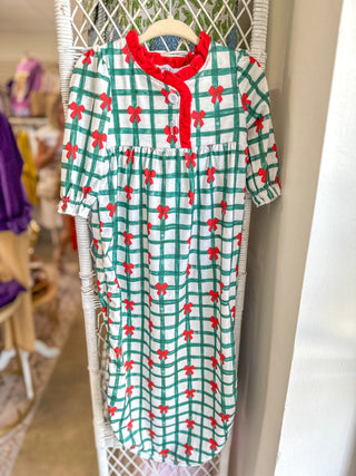 Green & Red Bow Plaid Ruffle Gown