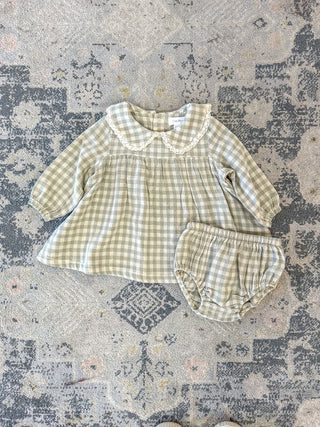 Mini Green Gingham Peter Pan Collar Dress & Diaper Cover