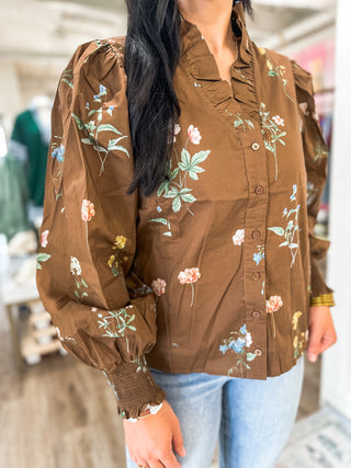 Brown Garden Stroll Long Sleeve Blouse