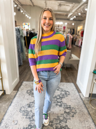 Parading Around Mardi Gras Stripe Hacci Knit Half Sleeve Top