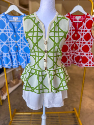 Ecru W/ Green Delicate Lines Gold Button Peplum Top