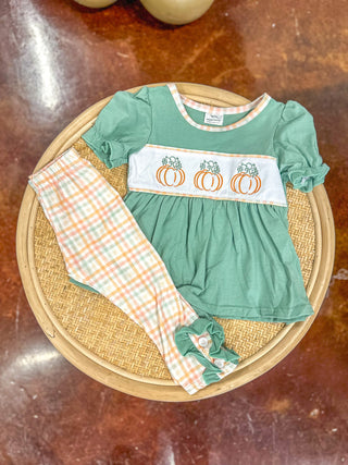 Girls Green Pumpkin Patch Embroidered Set