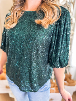 Green Sparkle & Shine Sequin Puff Sleeve Blouse